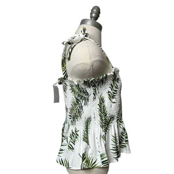 H&M Green White Camisole Top With Smocking Palm Tree Tropical Print Size Large - Picture 6 of 9